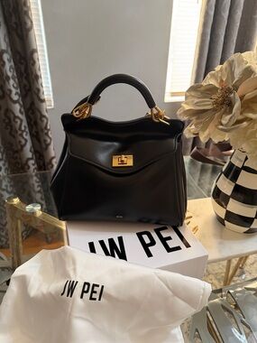 JW PEI Black Structured Top-Handle Satchel with Gold Hardware
